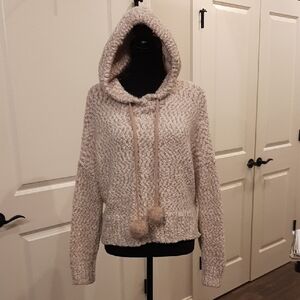 Lola Cream Hooded Textured Knit Sweater With Pom Poms